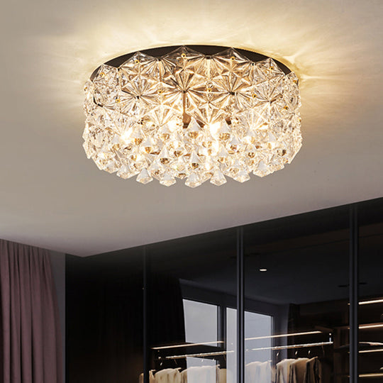 Modern Black Drum Ceiling Light Fixture With Hexagon Crystals - Flush Mount Lamp 18’/21.5’ W