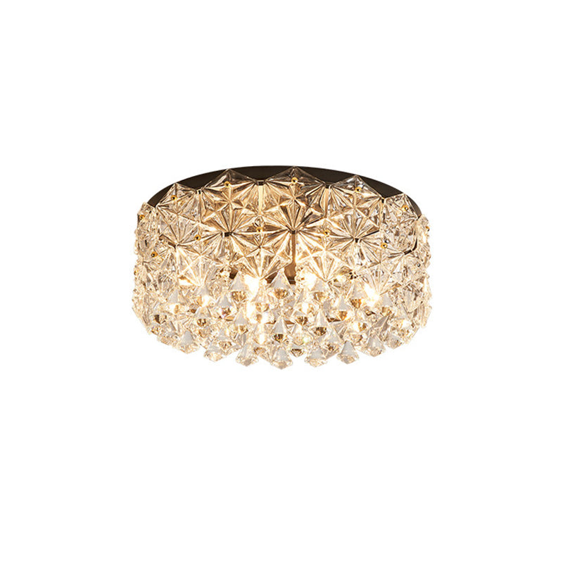 Modern Black Drum Ceiling Light Fixture With Hexagon Crystals - Flush Mount Lamp 18’/21.5’ W