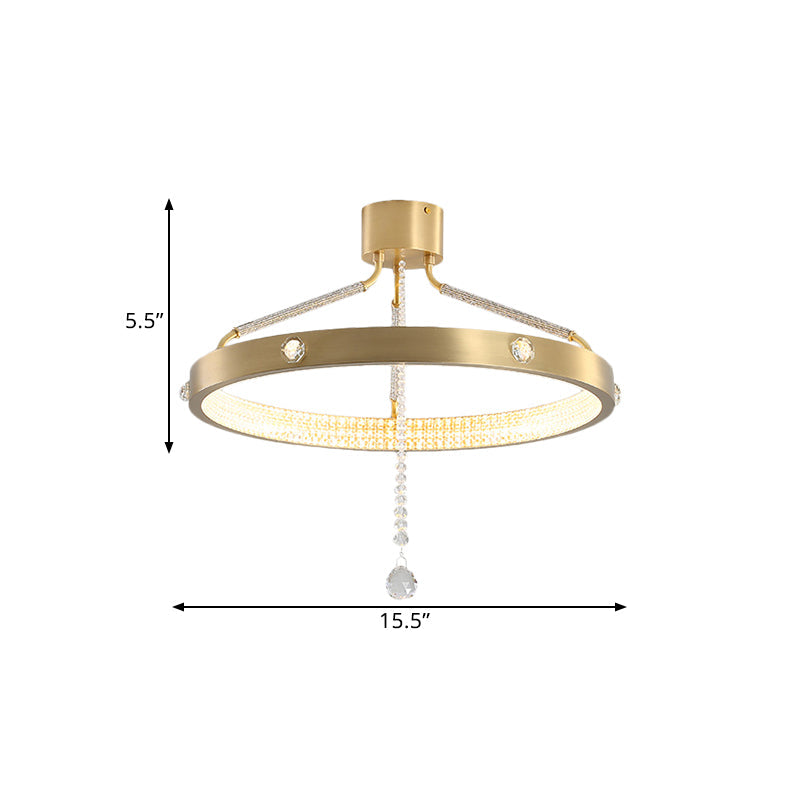Contemporary Gold Metal Led Semi Flush Mount Ceiling Light With Crystal Strand - 19.5’/15.5’ Wide