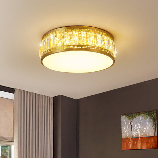 Modern Led Drum Flush Mount Lamp - Gold Finish Rectangular - Cut Crystals 19.5’/23.5’ Width / 19.5’