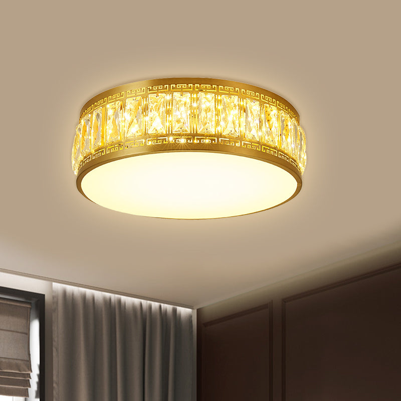 Modern Led Drum Flush Mount Lamp - Gold Finish Rectangular - Cut Crystals 19.5’/23.5’ Width