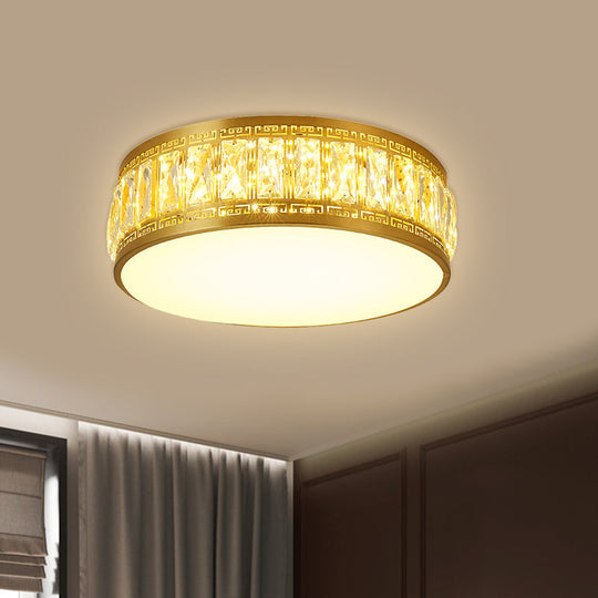 Modern Led Drum Flush Mount Lamp - Gold Finish Rectangular - Cut Crystals 19.5’/23.5’ Width