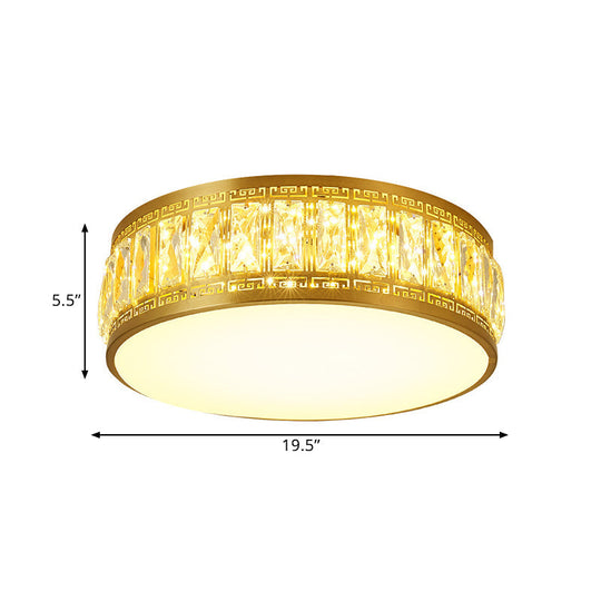 Modern Led Drum Flush Mount Lamp - Gold Finish Rectangular - Cut Crystals 19.5’/23.5’ Width