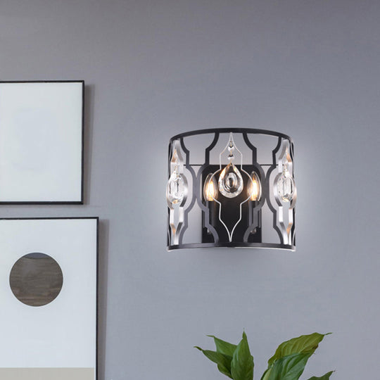 Modern Metal Frame Black Wall Sconce With Crystal Droplets - Half-Cylinder Design 2 Heads