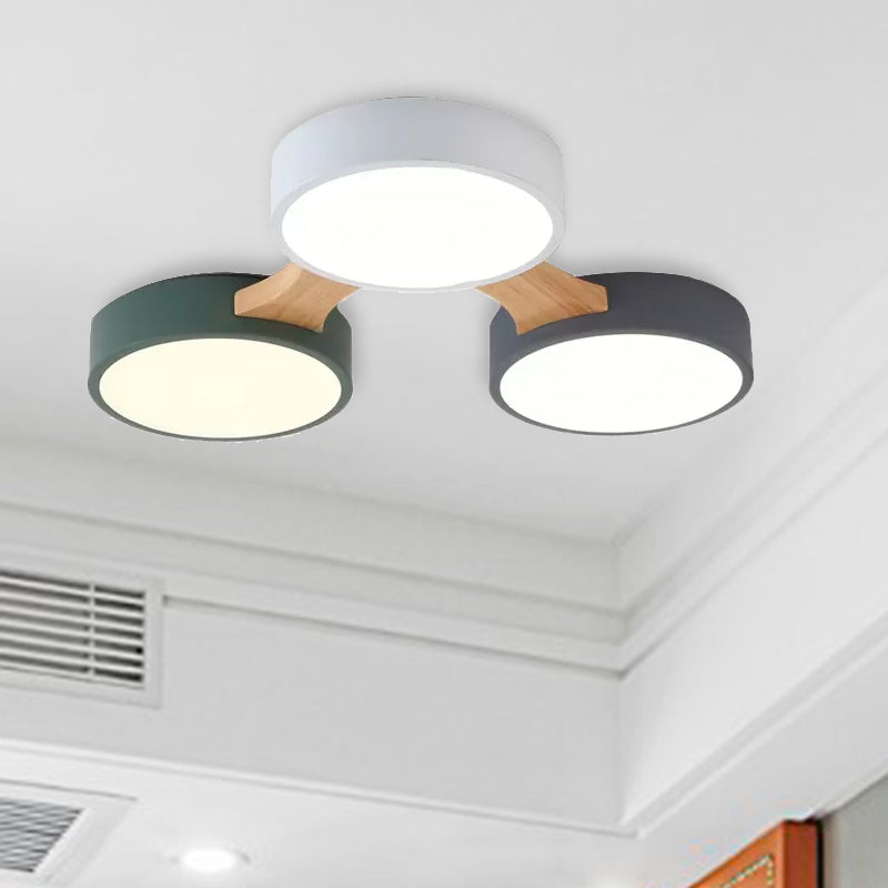 Nordic Wood And Metal Flush Ceiling Light - Round Grey Shade 3/4/5 Lights Ideal For Bedroom