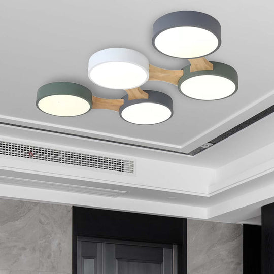 Nordic Wood And Metal Flush Ceiling Light - Round Grey Shade 3/4/5 Lights Ideal For Bedroom