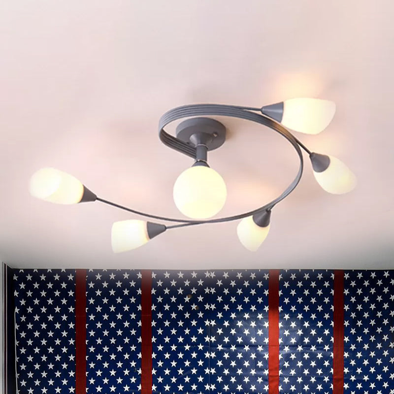 Curly Semi Flush Mount Ceiling Lamp With Nordic Iron & White Glass Shade - 4/6 Head Options In Grey
