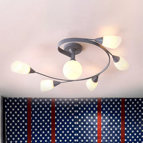 Curly Nordic Iron Semi Flush Mount Ceiling Light With Glass Shades In Grey/Pink/Yellow - 4/6-Head