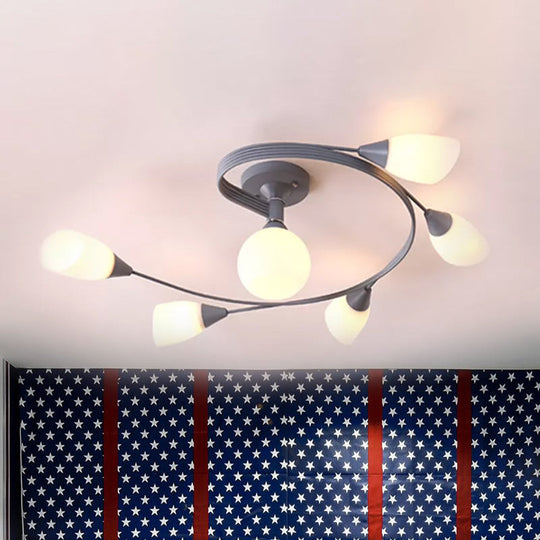 Curly Nordic Iron Semi Flush Mount Ceiling Light With Glass Shades In Grey/Pink/Yellow - 4/6-Head