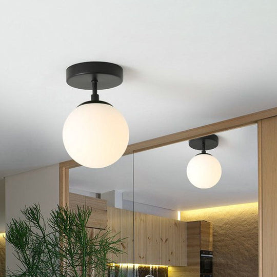 Minimalist Semi - Flushmount Brass/Black Close To Ceiling Light With Frosted Globe Glass Shade