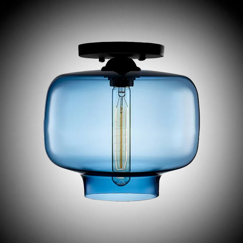 Modern Multi-Colored Lantern Flushmount Light With Glass Shade - Black Finish