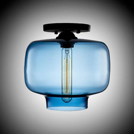 Modern Multi-Colored Lantern Flushmount Light With Glass Shade - Black Finish