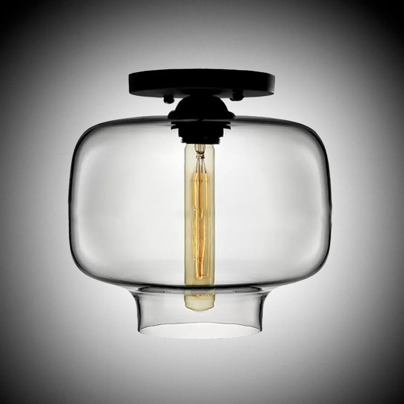 Modern Multi - Colored Lantern Flushmount Light With Glass Shade - Black Finish