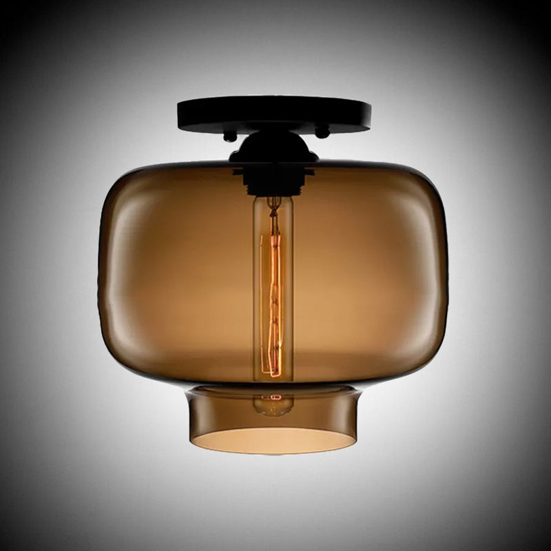 Modern Multi-Colored Lantern Flushmount Light With Glass Shade - Black Finish