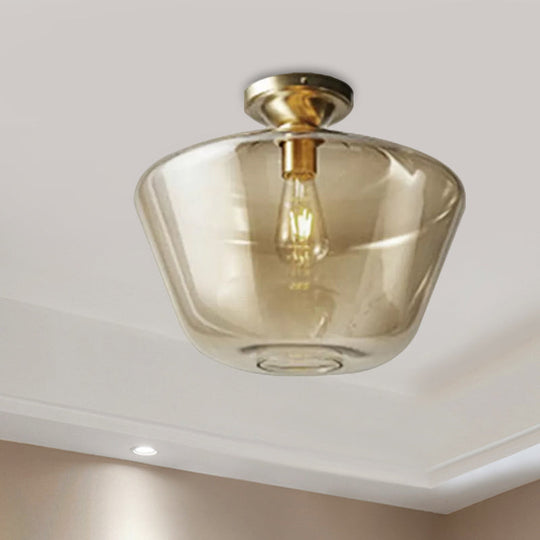 Contemporary Brass Flush Ceiling Fixture With Amber Glass Lampshade