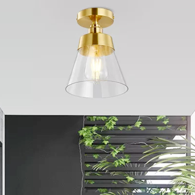 Minimalist Gold Semi Flush Mount Light With Conical Shade And Clear Glass Ceiling Fixture