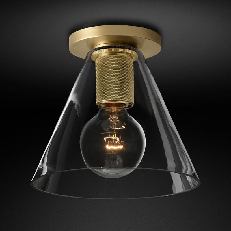 Modern Glass Flush Pendant Ceiling Light In Brass For Balcony - Globe Cone Cylinder Trumpet Shapes