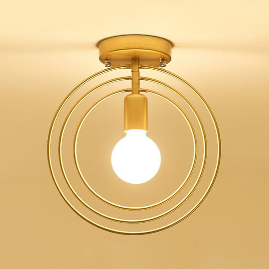 Modern Golden Flush Mount Ceiling Light With Triple Metal Ring - Ideal For Bedroom