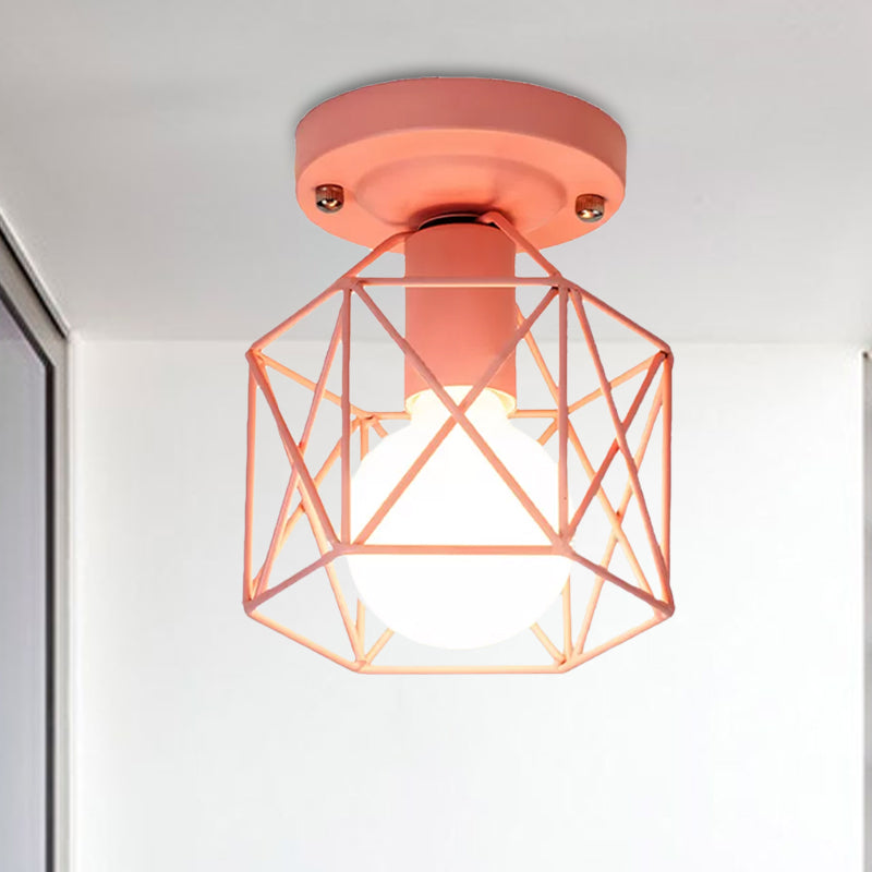 Minimalist Metal Frame Ceiling Mounted Light With White Pink And Green Accents - Ideal For Cloakroom