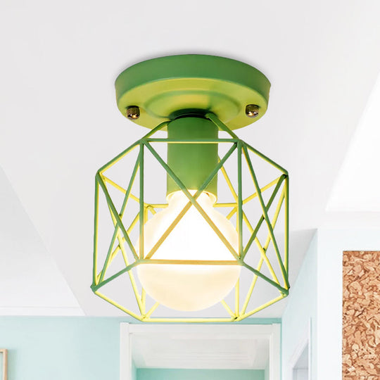 Minimalist Metal Frame Ceiling Mounted Light With White Pink And Green Accents - Ideal For Cloakroom