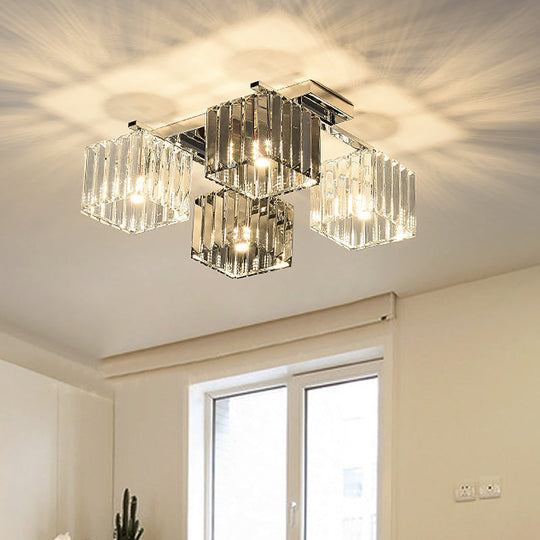 Modern Crystal Cube Flush Ceiling Lamp | Polished Chrome 4/6/9 Lights