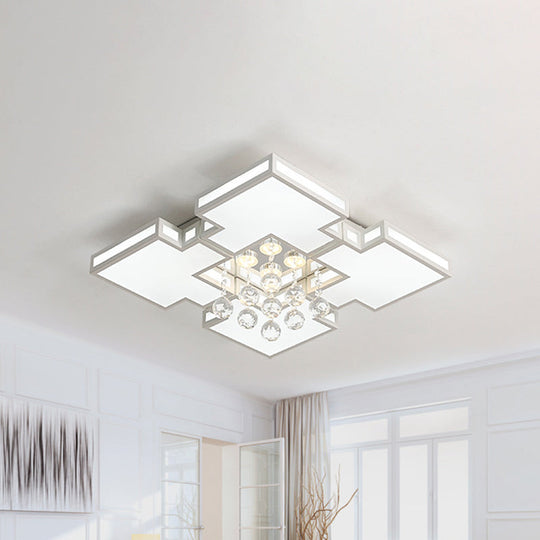 Geometric Ceiling Lamp With Integrated Led And Crystal Ball Accent - 19.5/23.5 Wide White Flush