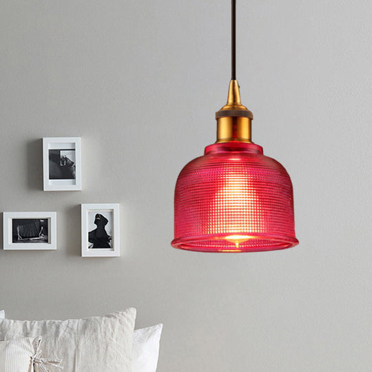 Stylish Grid Glass Pendant Light - Traditional 1 Head Hanging Lamp Cup Shade For Living Room And