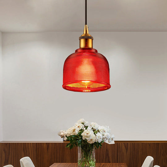 Stylish Grid Glass Pendant Light - Traditional 1 Head Hanging Lamp Cup Shade For Living Room And