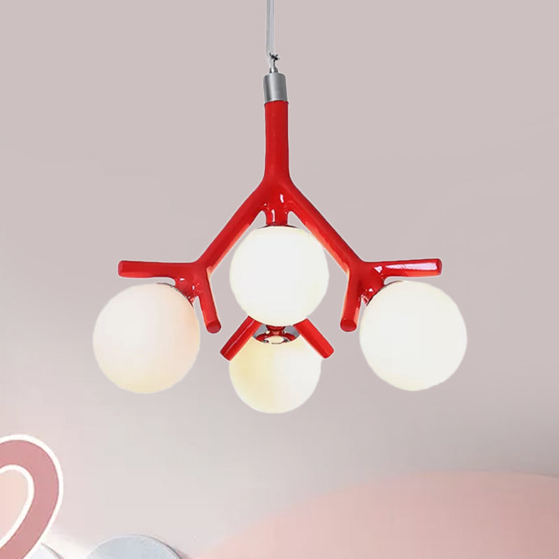 Contemporary Global 4-Light White Glass Chandelier With Branch Design - Hanging Ceiling Fixture In