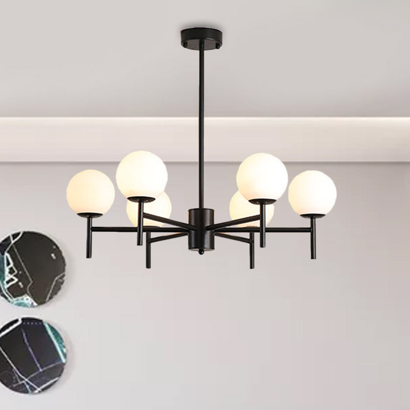 Moderner schwarz-goldener Kugel-Kronleuchter mit radialem Design – 6/8/9 Lichter, Hängelampe aus Milchglas
