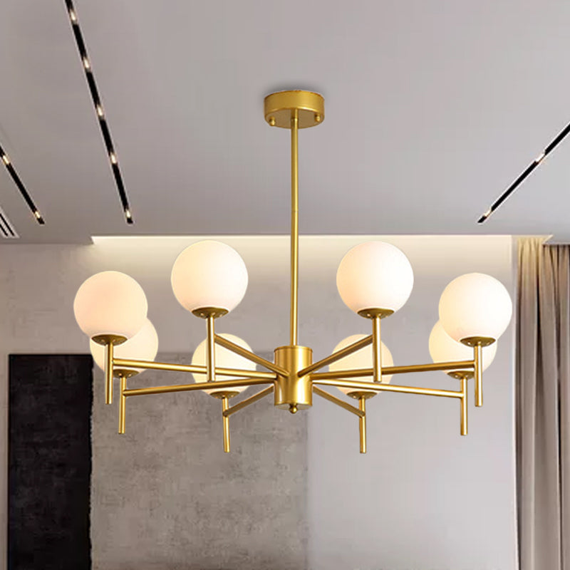 Moderner schwarz-goldener Kugel-Kronleuchter mit radialem Design – 6/8/9 Lichter, Hängelampe aus Milchglas