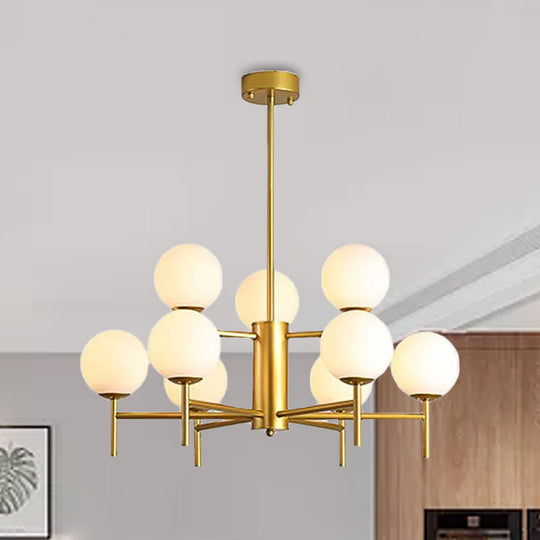 Moderner schwarz-goldener Kugel-Kronleuchter mit radialem Design – 6/8/9 Lichter, Hängelampe aus Milchglas