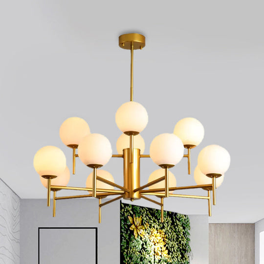 Moderner schwarz-goldener Kugel-Kronleuchter mit radialem Design – 6/8/9 Lichter, Hängelampe aus Milchglas