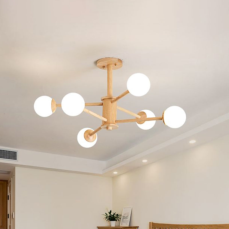 Contemporary Wooden Starburst Chandelier With Glass Ball Shade - Natural Wood Finish 6/8/12 Lights