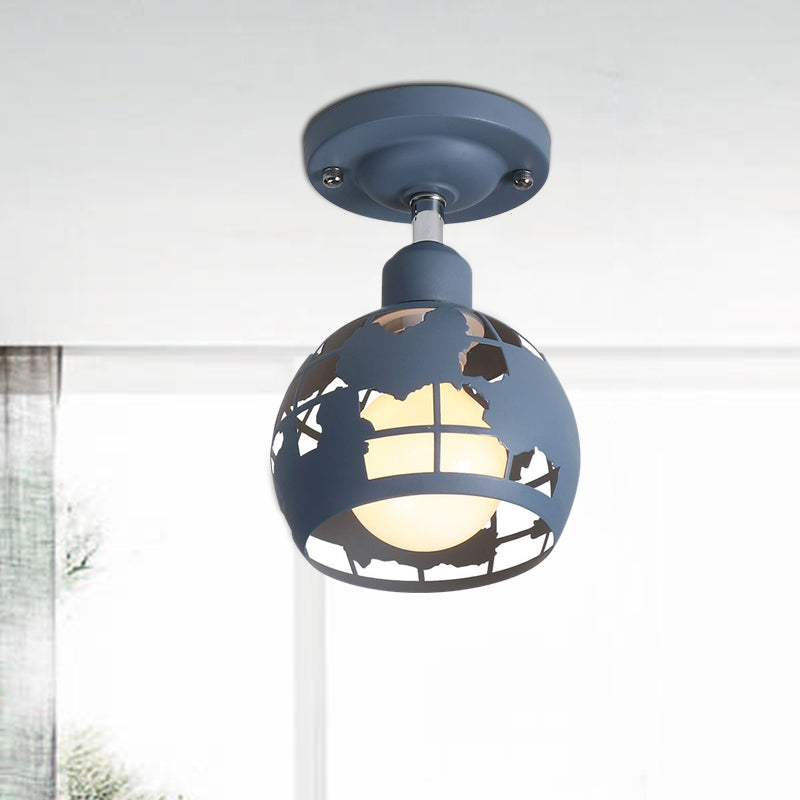 Modern Metal Semi - Flush Light With 1 Head For Hallway - Pink/Yellow/Blue Domed Design
