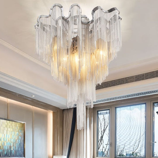 Modern Silver Metal Chain Draped Flush Mount Ceiling Light Fixture For Living Room With 6 Lights