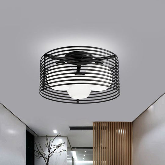 Nordic Metal 3 - Light Semi Flush Mount Lamp With Round Iron Cage For Bedroom Ceiling - Black/White
