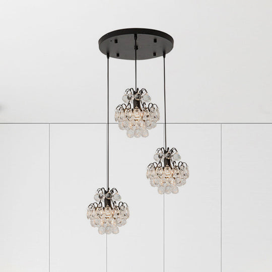 Modern Metal 3-Bulb Pendant Lamp With Clear Crystal Balls - Round/Linear Canopy Black/Gold Finish
