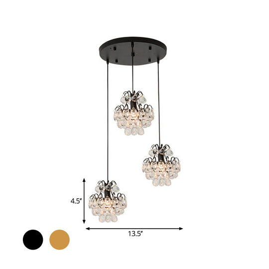 Modern Metal 3-Bulb Pendant Lamp With Clear Crystal Balls - Round/Linear Canopy Black/Gold Finish