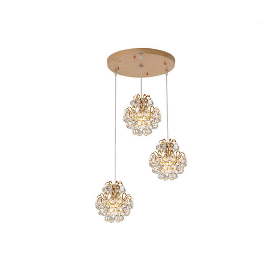 Modern Metal 3-Bulb Pendant Lamp With Clear Crystal Balls - Round/Linear Canopy Black/Gold Finish