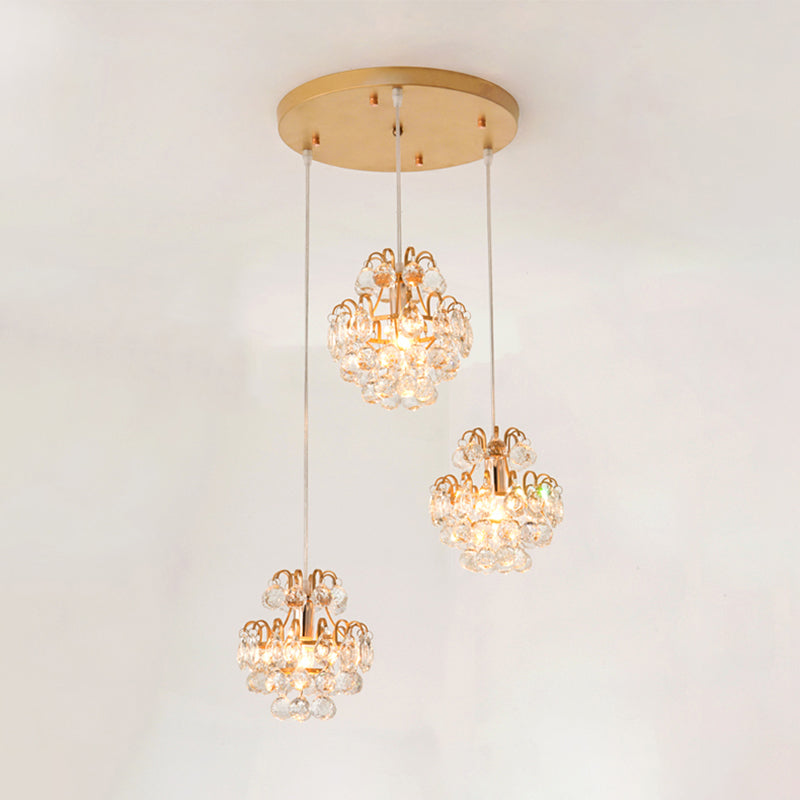 Modern Metal 3-Bulb Pendant Lamp With Clear Crystal Balls - Round/Linear Canopy Black/Gold Finish