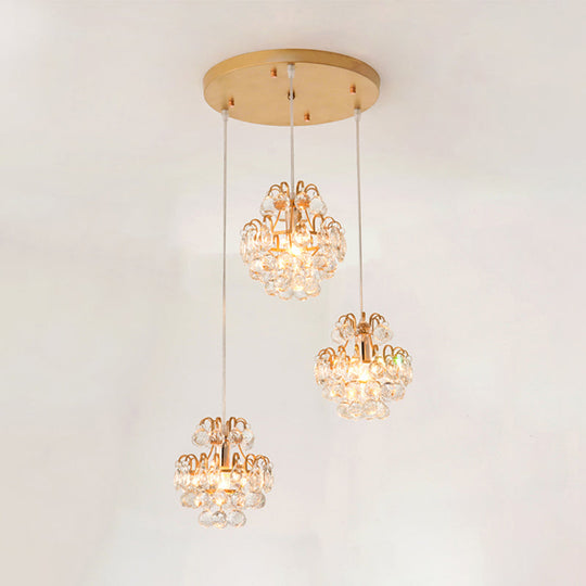 Modern Metal 3-Bulb Pendant Lamp With Clear Crystal Balls - Round/Linear Canopy Black/Gold Finish