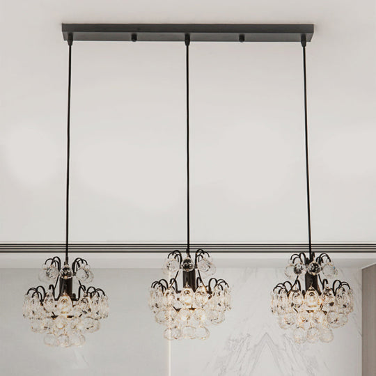 Modern Metal 3-Bulb Pendant Lamp With Clear Crystal Balls - Round/Linear Canopy Black/Gold Finish