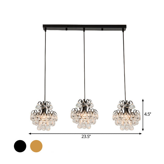 Modern Metal 3-Bulb Pendant Lamp With Clear Crystal Balls - Round/Linear Canopy Black/Gold Finish
