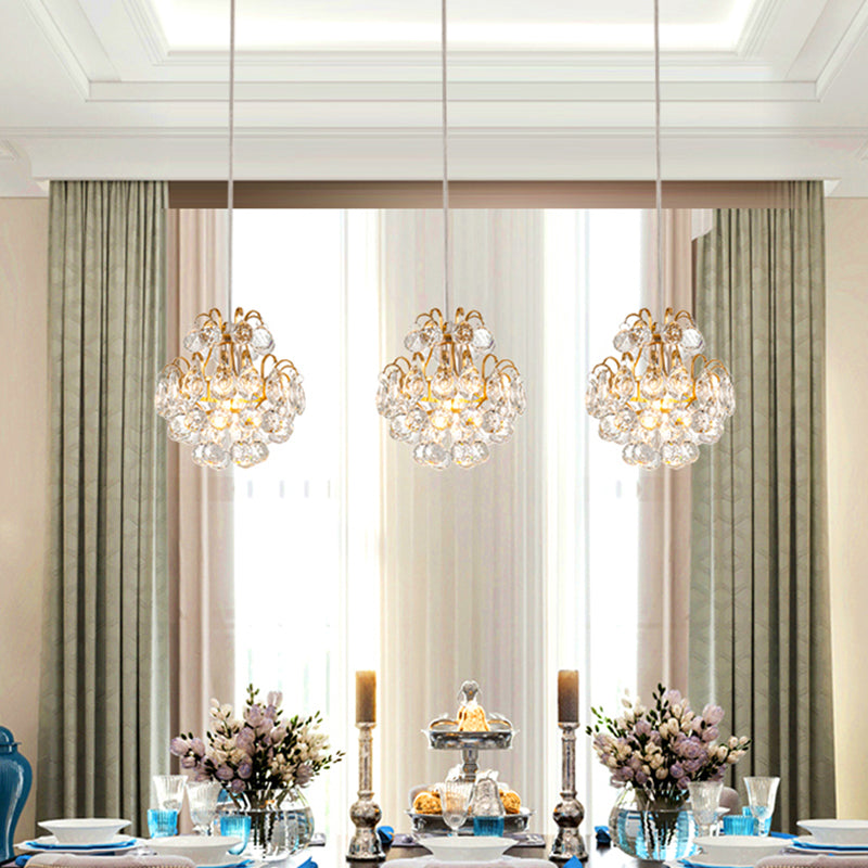 Modern Metal Pendant Light With Clear Crystal Balls And 3 Bulbs - Round/Linear Canopy Black/Gold