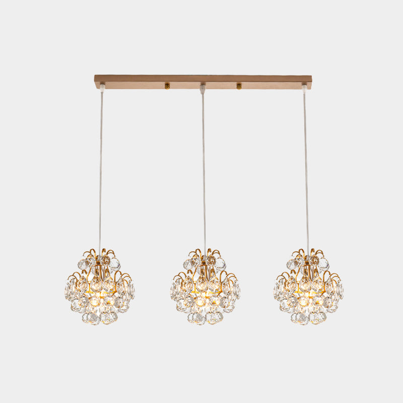 Modern Metal 3-Bulb Pendant Lamp With Clear Crystal Balls - Round/Linear Canopy Black/Gold Finish