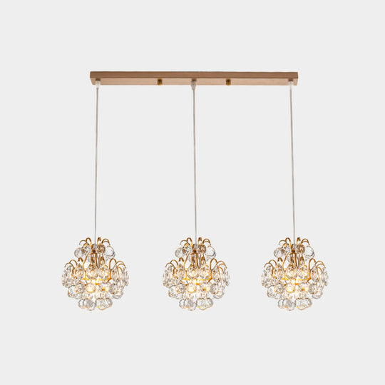 Modern Metal 3-Bulb Pendant Lamp With Clear Crystal Balls - Round/Linear Canopy Black/Gold Finish