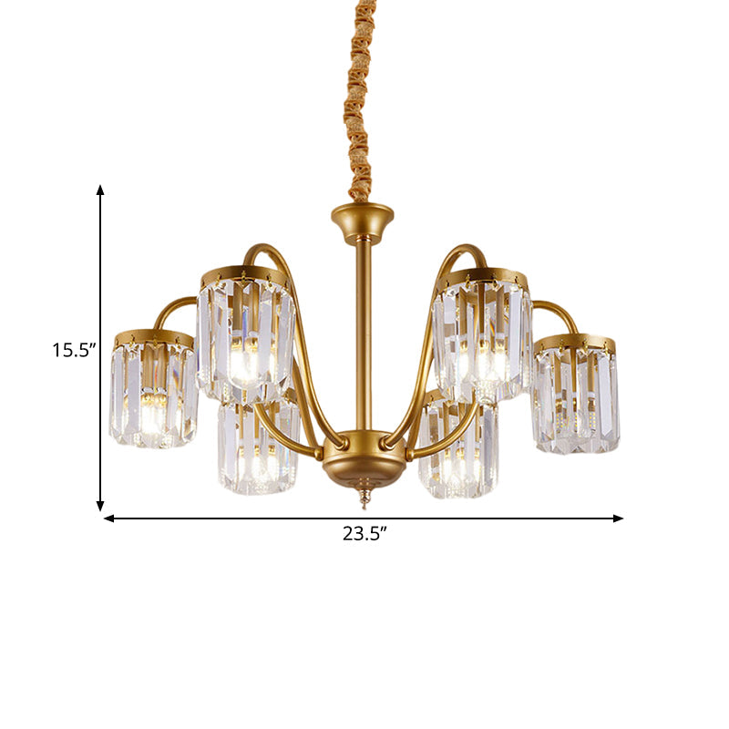 Modern Cylinder Crystal Pendant Chandelier With Gold Finish - 6/8 Heads