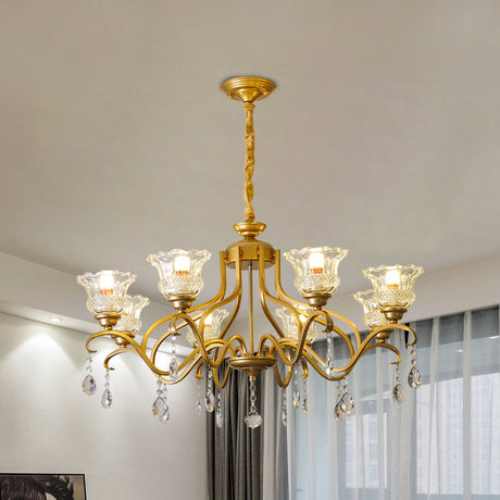 Traditional Crystal Glass Floral Shade Chandelier - Elegant Gold Ceiling Lamp With 3/6/8 Lights