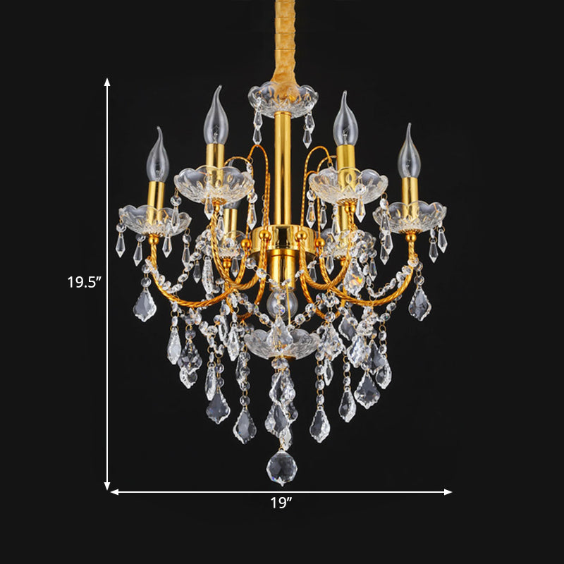 Swag Crystal Strand Candelabra Chandelier - Traditional Metal 5/7/9 Bulbs Gold Hanging Light For